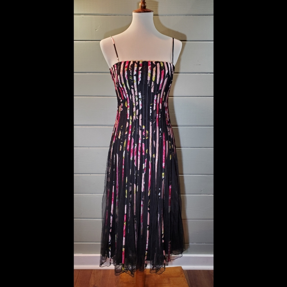 Black Mesh Dress with Floral Vertical Stripes